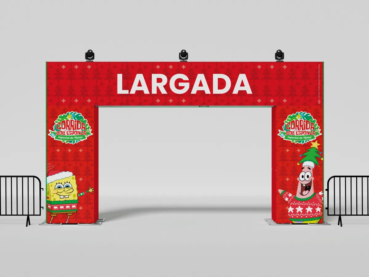 Pórtico de largada vermelho com Bob Esponja e Patrick