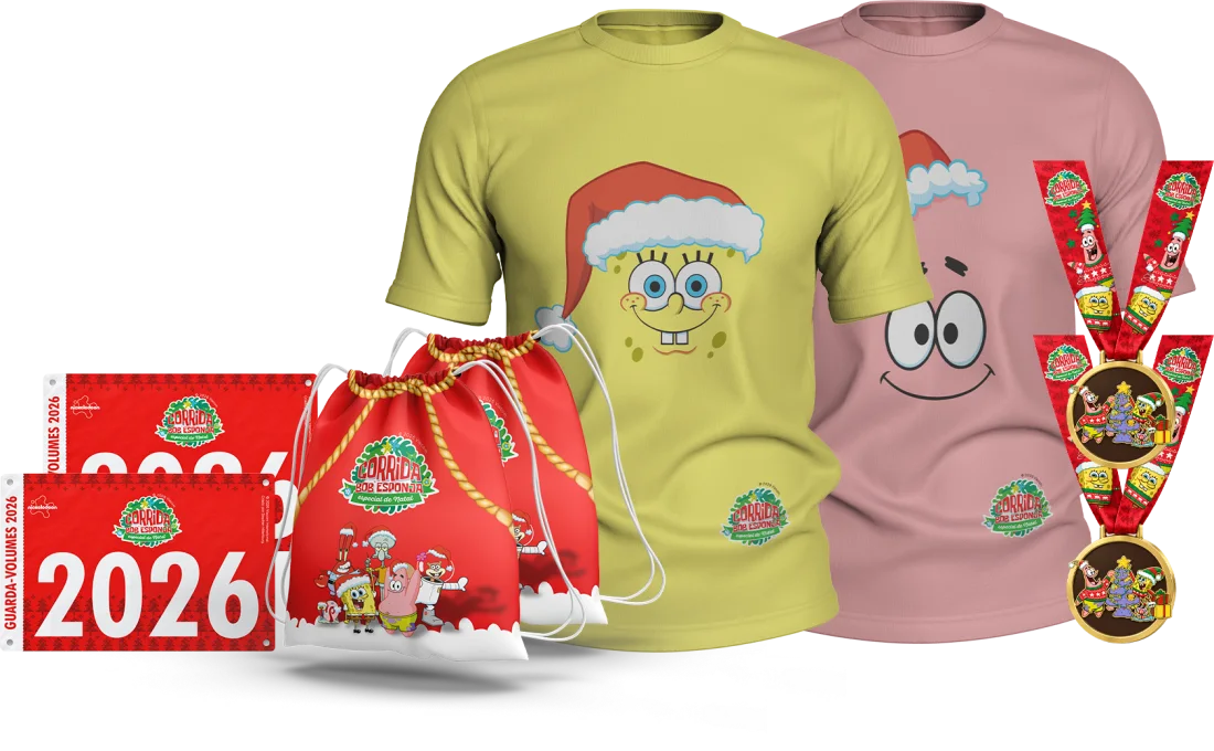 Kit Melhores Amigos: camisas do Bob Esponja e do Patrick, números de peito, sacochilas e medalhas